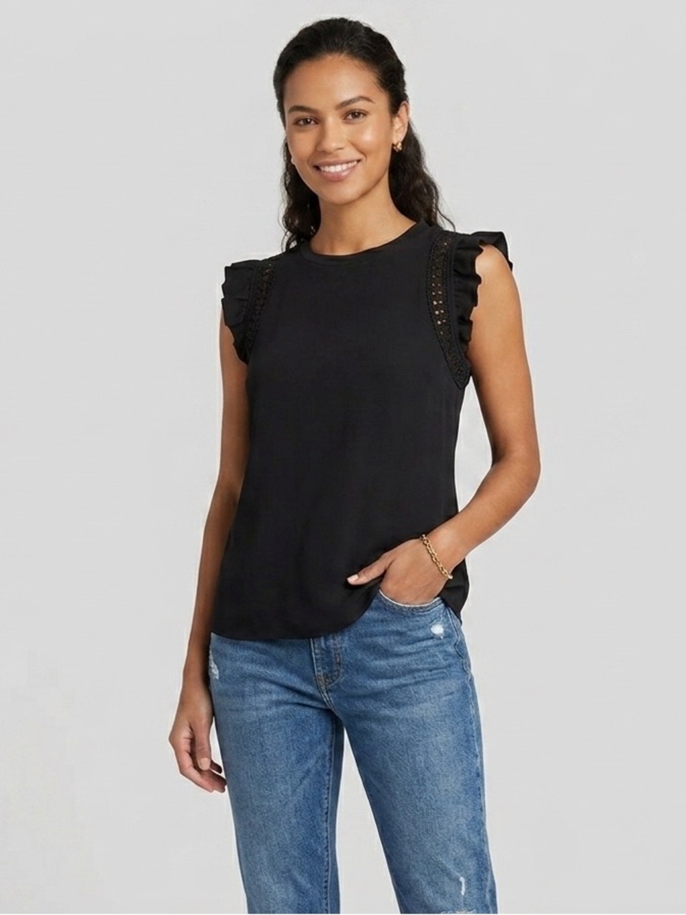 Black Ruffle crochet ribbed Sleeve Women’s Top Large